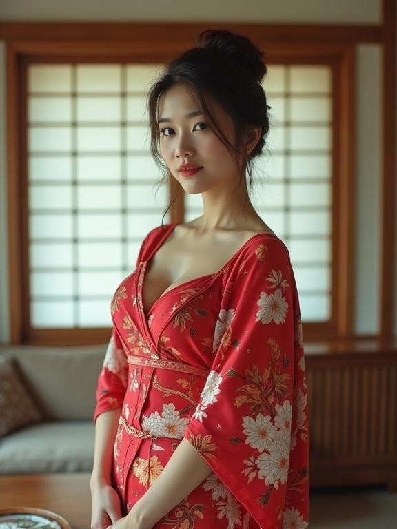A woman wears a traditional red kimono in a cozy living room. Floral patterns adorn her attire, harmonizing with the interior decor. She has her hair styled in an updo. Sunlight fills the room, enhancing the ambiance. Sandals sit near her feet. The setting feels both inviting and culturally rich.