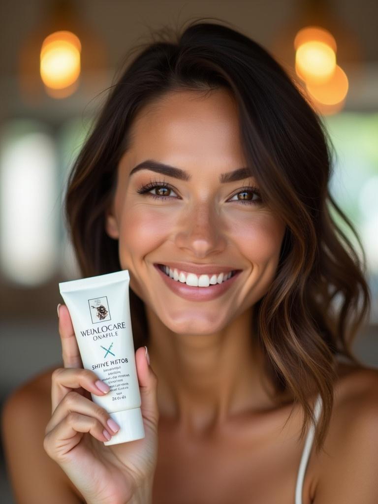 Beautiful person showcasing a skincare product. Smiling while holding a 20 gm container. Casual and inviting setting. Soft lighting enhances beauty and product. Shot highlights beauty and confidence. Product name is Allier.