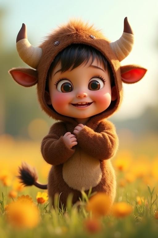 Child in a detailed animated buffalo costume stands in a colorful meadow. Costume has soft fur, buffalo horns, and a tail. Child has big expressive eyes, playful smile, and chubby cheeks. Bright lighting and vibrant colors enhance the scene.