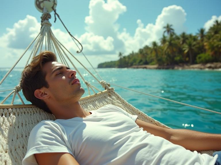 A young man wearing a white t-shirt rests on a hammock. The hammock is on a sailboat drifting off the coast of Jamaica. There are palm trees in the background. The ocean is turquoise. Bright white clouds are in the sky on a sunny day. The scene captures the essence of a tropical vacation.