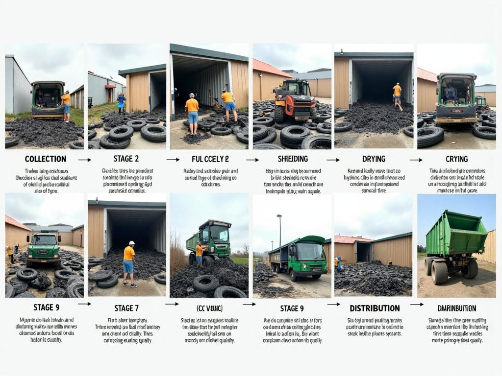 This image sequence illustrates the comprehensive process of recycling used tires. It begins with the collection stage, where community members gather discarded tires from local areas. The next step features the washing of tires using high-pressure hoses and special cleaning agents. After cleaning, tires are sorted by type and condition, with clear labels guiding the classification process. Tires are then cut into smaller pieces using specialized machines. The resulting rubber chunks are processed into fine, uniform rubber granules. After that, these granules are dried to remove any residual moisture, ensuring high quality. The cut and packaged granules are labeled and boxed for shipment. Finally, the last stage shows the distribution of rubber granules through commercial channels, indicating their journey to be reused in new products.