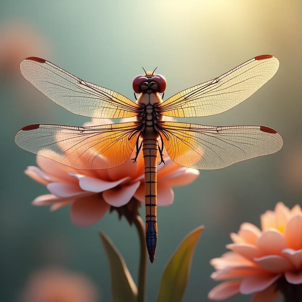 This image features a stunning 3D dragonfly gracefully perched on vibrant pink flowers. The dragonfly has intricate patterns on its wings, showcasing a variety of colors including gold and teal. Soft, warm lighting bathes the scene, creating an ethereal atmosphere reminiscent of a peaceful morning. The background is blurred, bringing focus to the dragonfly and flowers. This artwork captures the delicate beauty of nature and invites admiration for these fascinating insects.