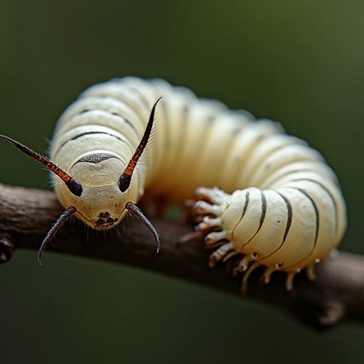 Close-up view of a silkworm on a branch. The silkworm has a detailed texture with pronounced features. Natural green background. Focus on head and antennae.
