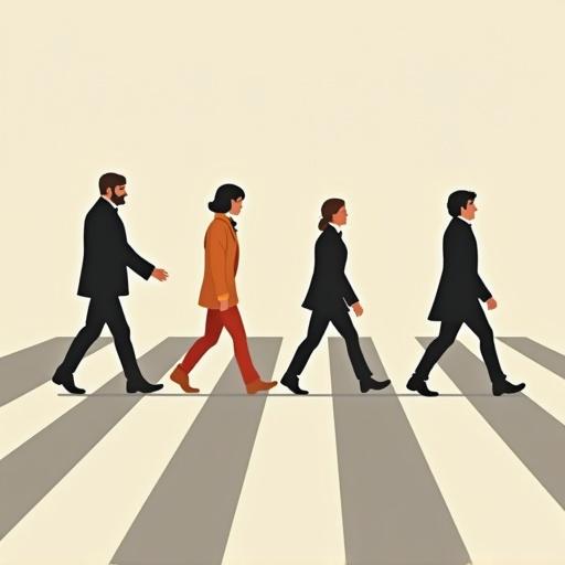 Diverse faceless human characters crossing a road in a minimalist flat vector style. Characters have exaggerated body types and simplified clothing. Clean shapes and playful postures emphasize movement.