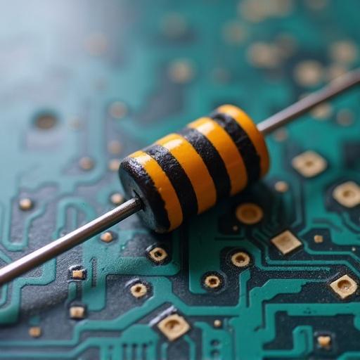 Close-up image of a striped electrical resistor on a green circuit board. The background features intricate circuit patterns with silver and gold details.
