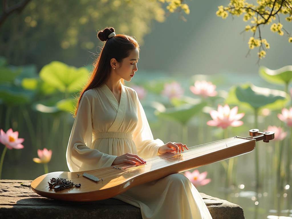 A young woman with glowing ivory skin and long chestnut hair sits on a wooden bench beside a misty lotus pond. She plays the guzheng, a zither-like instrument. Her silk hanfu in pale jade flows around her. One sleeve slips off her shoulder. The morning mist rises and golden sunlight flickers through the leaves behind her. The scene is cinematic and serene.