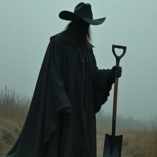 Image of a tall person dressed in black funeral clothes with a black cowboy hat holding a shovel in a dramatic and moody setting.