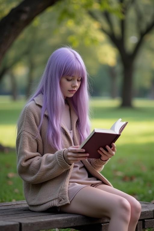 20-year-old British girl sits on a park bench. She has long lavender hair. She reads a book in a green park. Natural sunlight creates a calm and inviting atmosphere.