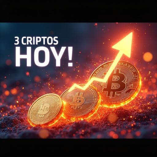 Striking YouTube Shorts thumbnail for reel titled '3 Criptos HOY'. Features dynamic background with rising crypto price chart and fiery explosion effects. Three glowing cryptocurrency coins in foreground. Bold upward arrow symbolizes growth. Dramatic text '3 Criptos HOY!' in white with red outline. Fiery reds, oranges, golds with tech-blue background. 9:16 aspect ratio. Realistic and futuristic style, high contrast.