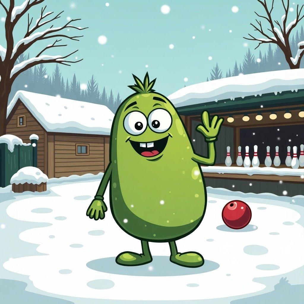 Cartoon character is cheerful and green. Winter landscape features snow and bowling alley. Character waves happily, in the foreground. Snow covers the ground, small red bowling ball nearby. Background includes wooden buildings and snowy trees.