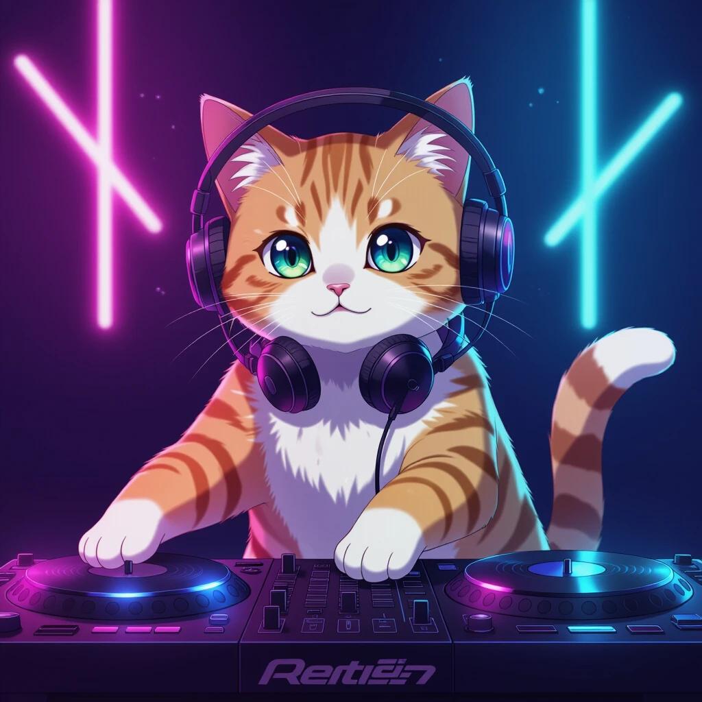 A cat DJ operates turntables in anime art style. Cat looks playful wearing headphones. Neon lights create a vibrant ambiance.