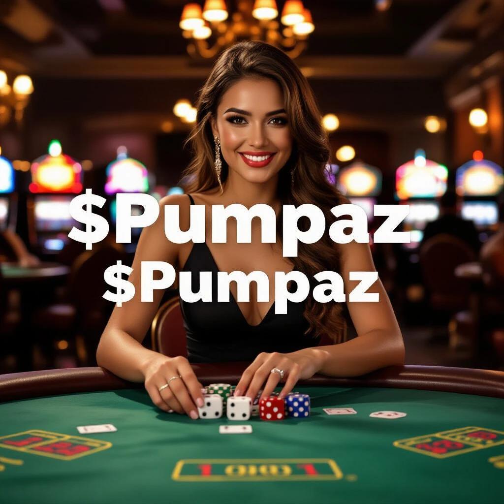 Woman playing a dice game in a casino. Table with chips and dice. The background has glowing slot machines. Text saying $Pumpaz. Focus on hands and game elements.