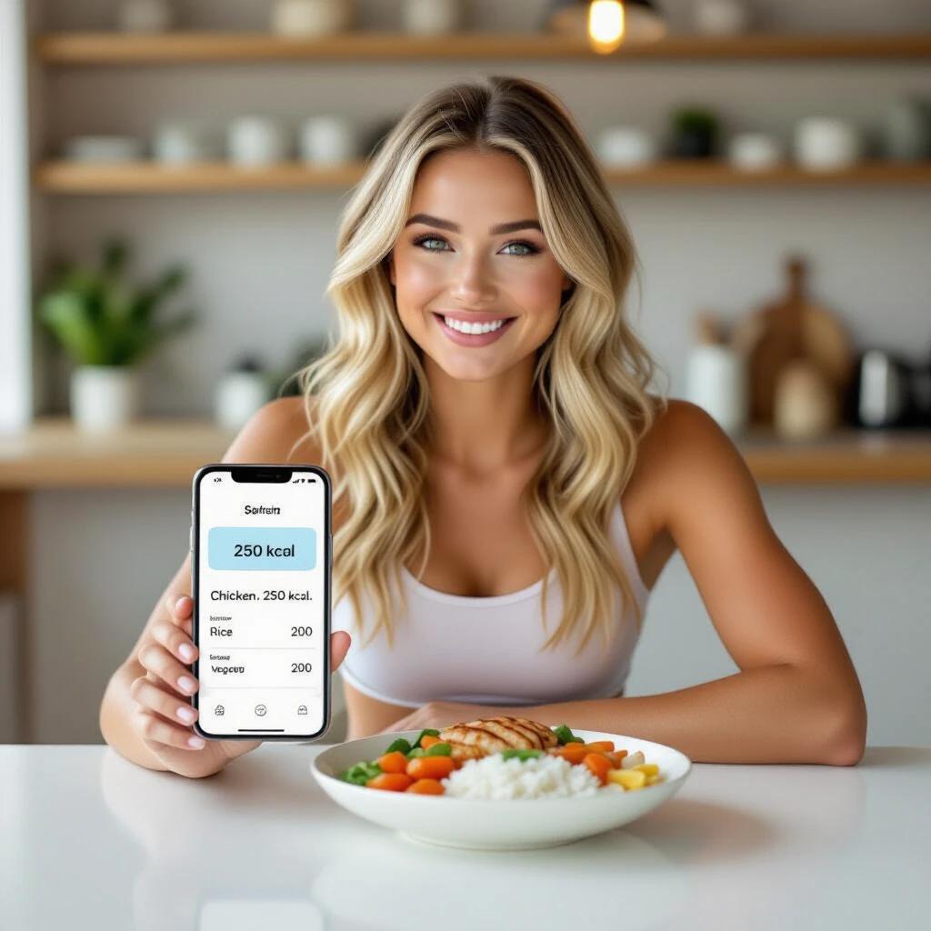 Sabrina Carpenter with a fitness calorie calculator app on her smartphone sitting at a clean table. Healthy meal in front with grilled chicken rice vegetables. Smiling wearing sporty casual clothes glowing skin in modern kitchen background. Phone shows calorie info chat style. Bright aesthetic lighting realistic style influencer vibe.