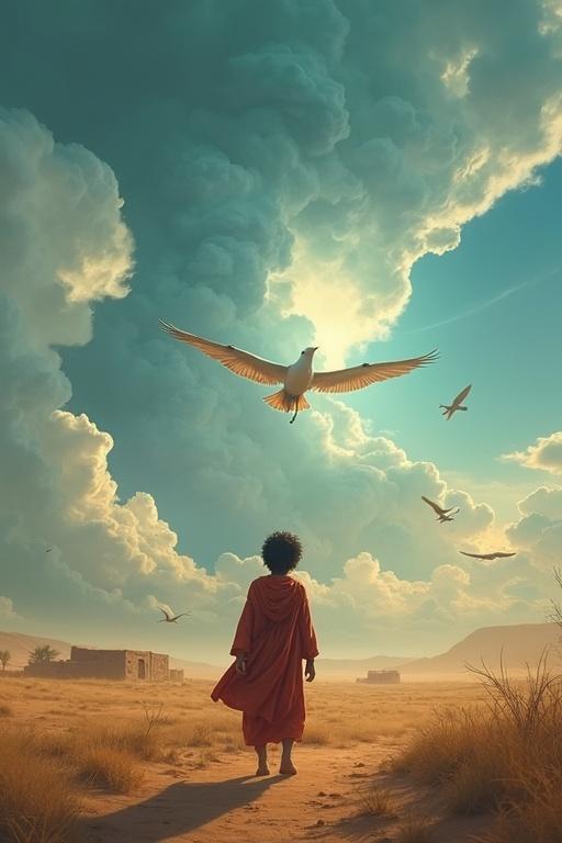 Young Ali stands in a peaceful village, gazing at the sky. He dreams of flying above the clouds. A storm is approaching in the background.