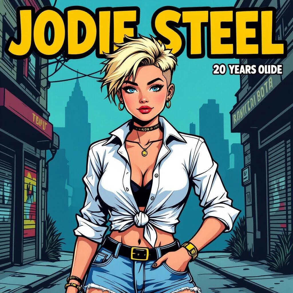 Comic-style image of a young woman named Jodie Steel. A confident 20-year-old girl with bright blue eyes. Jodie has short, straw-blonde tousled hair. One side of her hair is shaved. She wears a white knotted shirt and denim shorts. The shirt is long-sleeved and rolled up. Jodie wears black motorcycle boots. She stands beside a dirt bike. One hand is behind her back. Other hand strokes her hair. Her gaze is dreamy and direct.