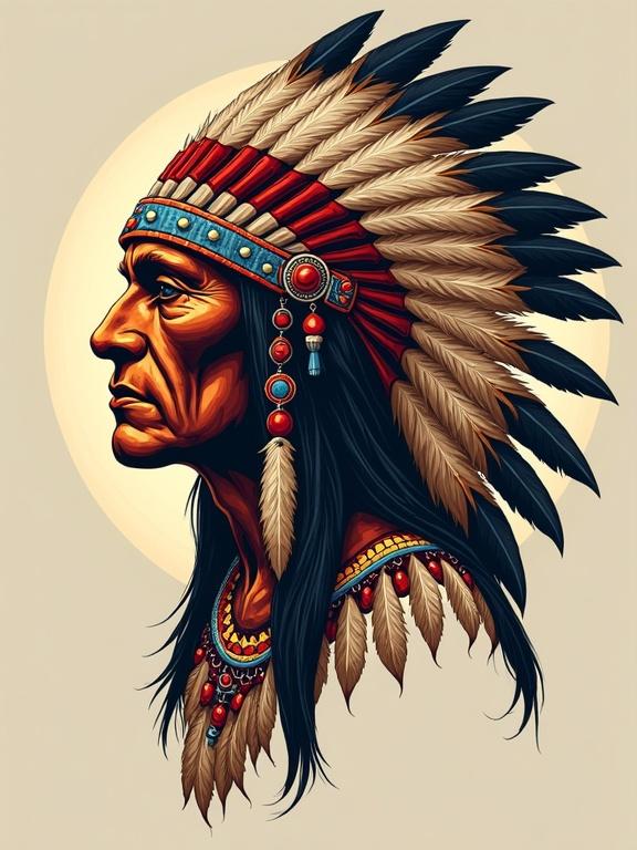 Design of a Mohican Indian with a feathered headdress. Profile view. Detailed facial features. Cultural elements included.