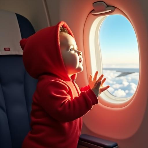 Interior of an airplane cabin. Cute baby in bright red hooded onesie. Baby stands on seat with hands pressed against the window. Baby looks out at fluffy white clouds. Airplane wing visible. Warm sunlight streams through window. Mother sleeps beside baby. Medium shot at eye level with baby.