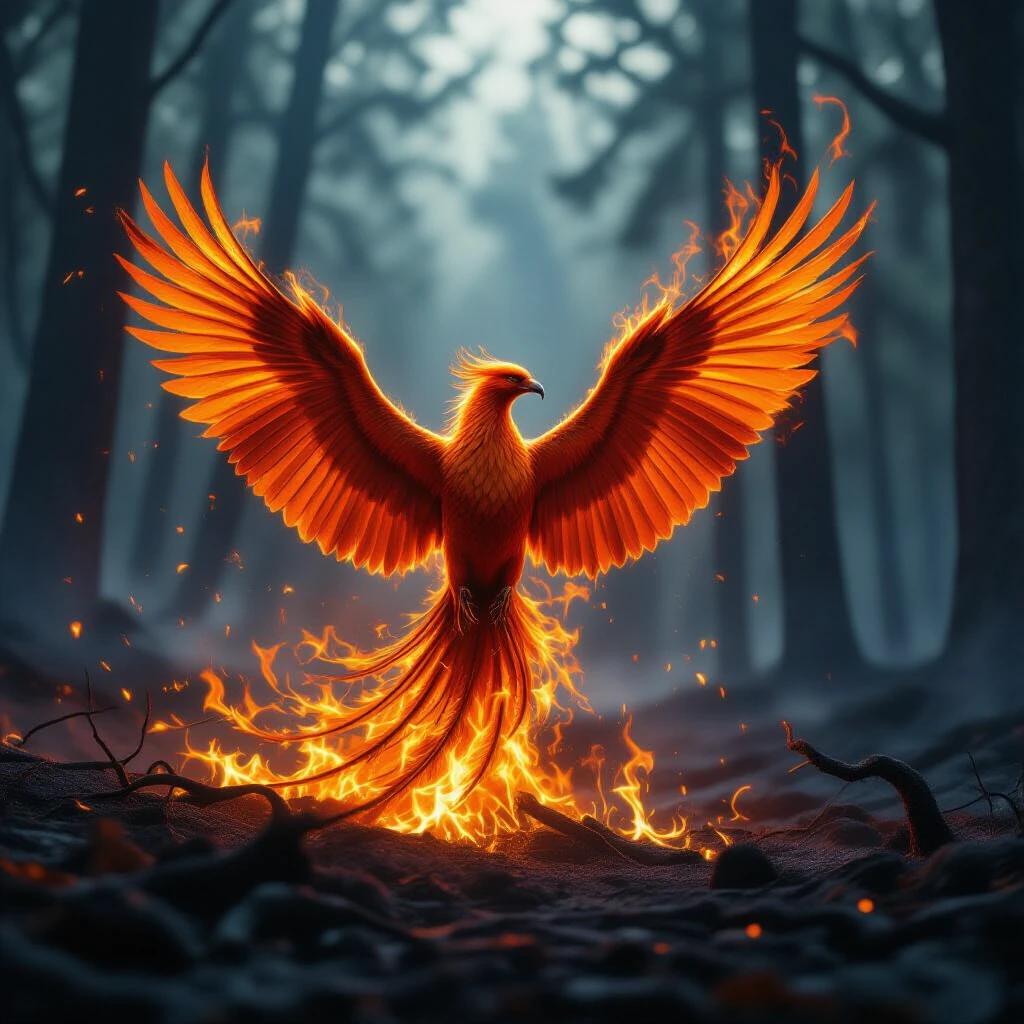 Phoenix rises from ashes in a burnt forest. Wings are on fire. Hyper-realistic and cinematic scene in 8K resolution.