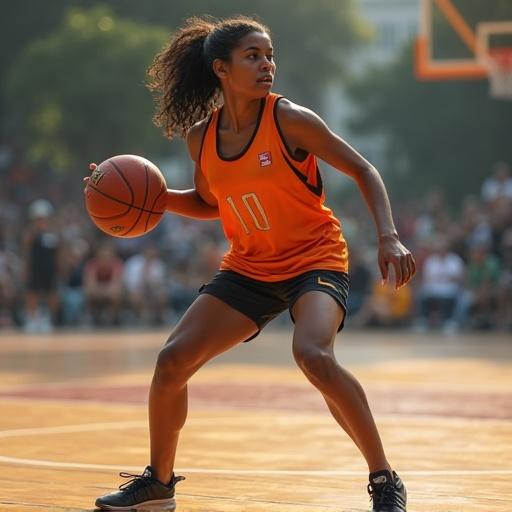 A young Indian woman dribbling a basketball on an outdoor court. She is focused and poised. The background is filled with spectators. Clothing is sporty with a jersey number 10. The scene depicts energy and skill.