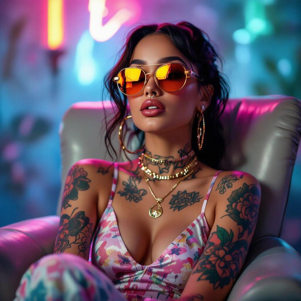 Portrait of a glamorous woman with tattoos. She wears sunglasses. Soft colorful lights create a dreamy atmosphere. The woman sits in a chair, exuding confidence.