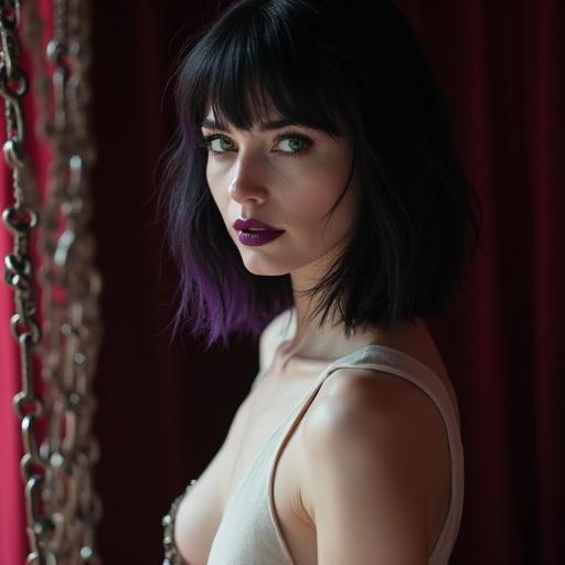 Portrait of a woman in a velvet-lined dungeon. She has shoulder-length black hair tipped in dark violet. Her emerald green eyes show malice. Lips are glossy plum and curved in a sinister smile. The setting enhances a dark, erotic atmosphere.
