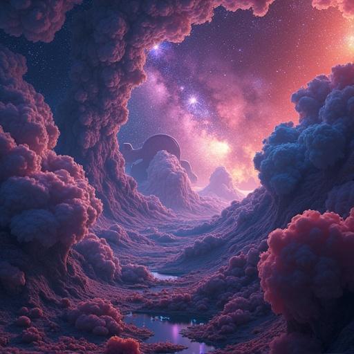 Digital wallpaper consists of complex fractals with vibrant colors and cosmic elements. The scene features layered clouds and mystical landscapes illuminated by a surreal light.