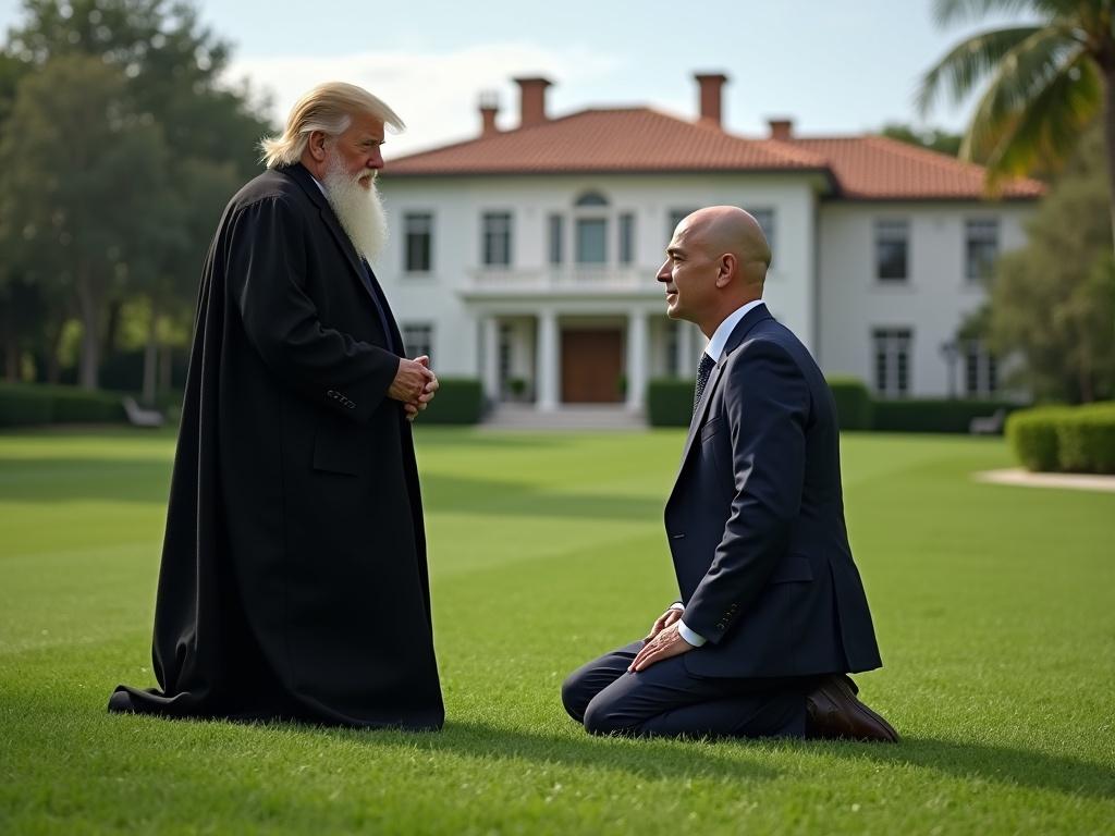 Picture of Jeff Bezos kneeling in front of Donald Trump on the lawn of Mar-a-Lago in Florida. An older man with a beard resembling Brian Wilson stands behind Jeff Bezos.