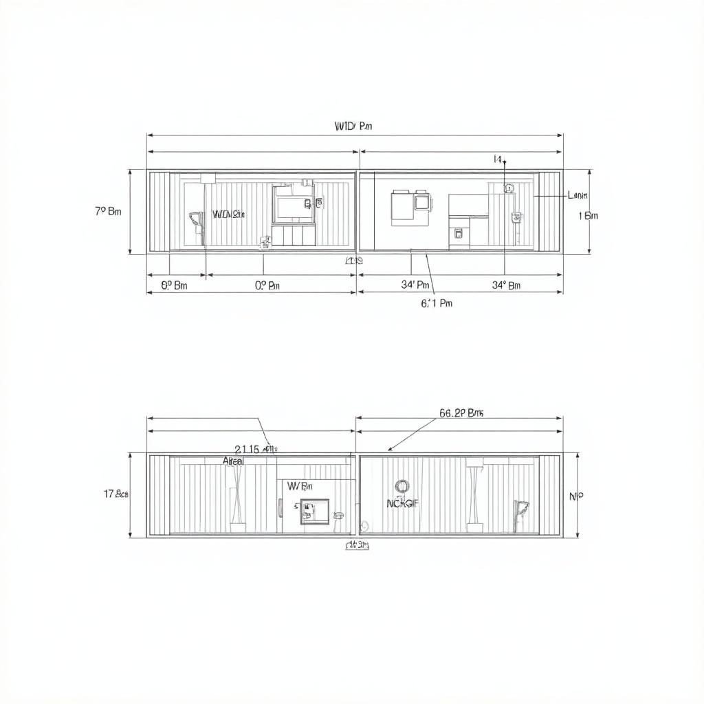 Technical drawing depicting a social utility container with specified dimensions. Internal layout includes work desk with PC, monitor, UPS, heater, and refrigerator. Toilet and sink with water heater in a separate room. External layout shows 20W LED lights and CCTV cameras in corners. Clear labeling of all objects with arrows pointing outside the sketch. Overall dimensions label as width 2.4m and length 6.1m. Emphasis on clarity and readability in labels and layout.