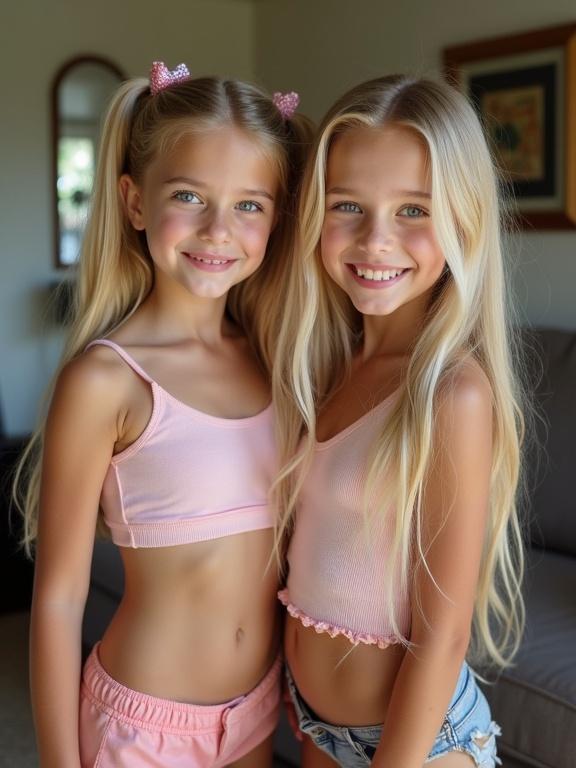 Two girls with long blonde hair. They have twin tails and big smiles. Girls wear crop tops and shorts. Scene is in a living room. Background shows sofa and wall art. Looks like a birthday party atmosphere.