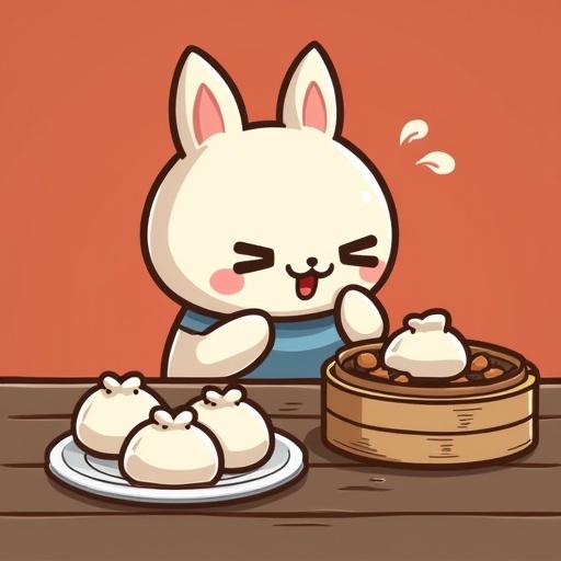 A cartoon rabbit character named Labubu happily eating steamed buns at a table. Three steamed buns sit next to a basket of buns. The background has a warm color to enhance the cozy atmosphere.