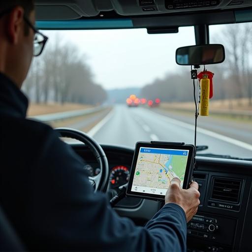 Image shows a truck's interior with the driver using a navigation app on a tablet. The route appears optimized and shows movements from A to B to C to D and back to A.
