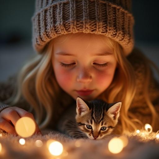 Young blonde girl with freckles and a knitted hat looks down at a small tabby kitten. Cozy environment with blurry bokeh lights in the foreground. Photograph is close-up with warm tones and soft lighting.