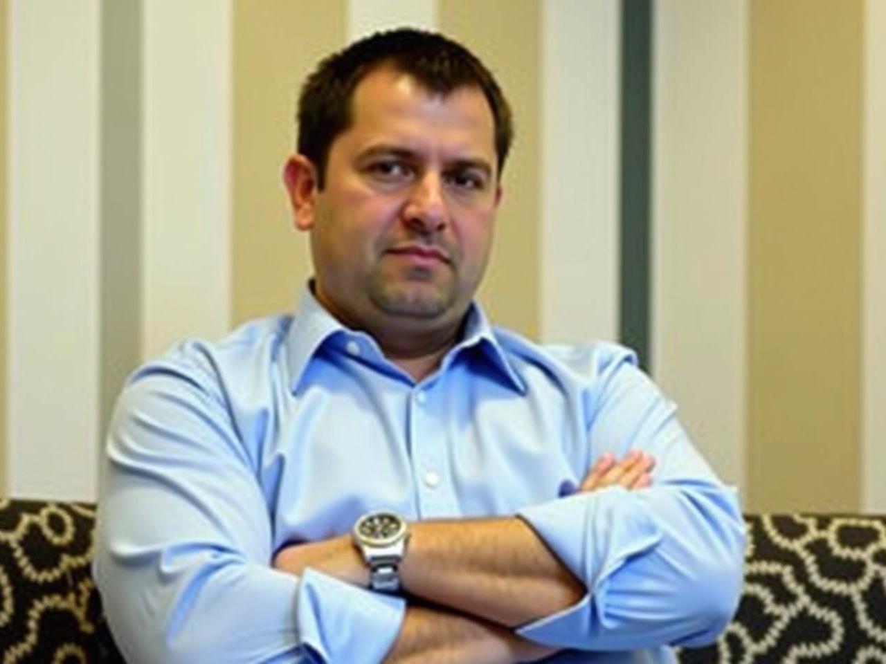 The image shows a person seated with their arms crossed, giving off a relaxed but somewhat serious demeanor. They are wearing a light blue button-up shirt and a silver watch on their wrist. In the background, there are vertical stripes painted on the wall, alternating between light and dark colors. There is also a patterned cushion or chair beside them. The overall setting appears to be an indoor space, likely a lounge or waiting area.