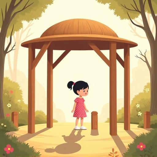 A soft flat-style illustration of a wooden pavilion in a dreamy landscape. A girl in a pink dress with polka dots stands in the center. She looks angrily at her distorted shadow on the floor, surrounded by glowing trees and flowers. The atmosphere is magical yet her emotion contrasts with it, showing frustration.