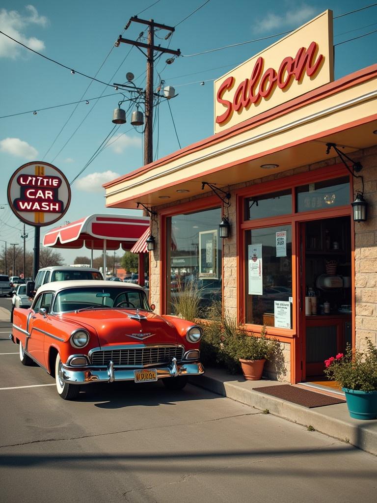 A vintage red Chevrolet parked beside a saloon and a car wash. The building features a colorful sign. Outdoor flower pots are visible. The surroundings convey a nostalgic feeling. Bright daylight enhances the scene.