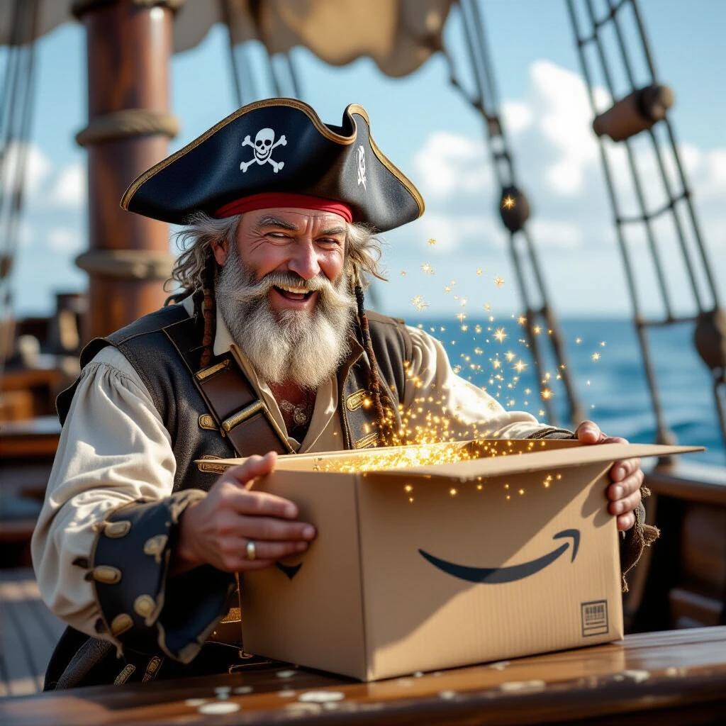 Pirate joyfully opening brown Amazon box on pirate ship. Magic sparkles burst from box. Happy expression with wide eyes. Gray-haired pirate in pirate attire. Bright daytime setting with ocean backdrop.