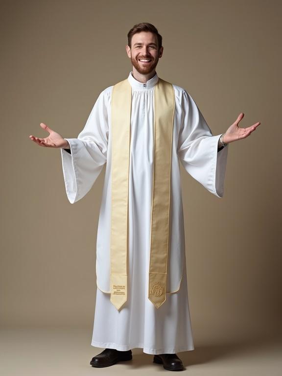 A joyful wedding priest is shown standing full frontal in a classical pose with arms outstretched. Wears a white priest robe and a gold stole. Smiles brightly with genuine happiness. Full-body semi-realistic style in vertical orientation.