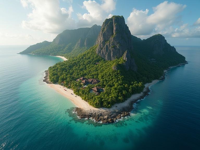 Aerial view of a tropical island featuring multiple mountains with lush vegetation of varying elevations. A gentle slope peak on the left, a steep rocky mountain in the center, and a large rounded hill on the right. Surrounded by calm, deep sea lightening to turquoise near the shore, reflecting warm golden rays of sunrise. Pristine beige beaches curve softly into coves lined with irregular sandy strips, scattered with colorful beach chairs and umbrellas. Villas grouped in three main areas, some with illuminated glass discotheques, terrace restaurants on stilts, and infinity pools. Watchtowers with metal walkways and searchlights directed at the sea, a solitary lighthouse on a rocky promontory. Four distinct concert zones at cardinal points with unique styles. Winding beige roads illuminated by warm low street lamps. Presence of off-road jeeps and convertibles with beach-clad people. Helipads with a stylish helicopter near the right hilltop. Sky mostly clear with thin white clouds tinged in pastel pink and soft oranges. Style: photorealistic, ultra-high resolution 4K, detailed textures in water, rock, and vegetations, soft morning light, vibrant color palette with emphasis on architectural and road lighting for possible nighttime shots.