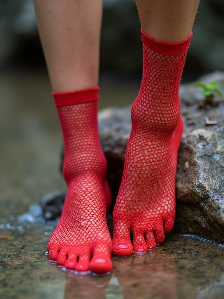 Feet wearing red fishnet socks in an outdoor setting by the water. Close up view of the feet. Natural lighting enhances the colors. Feet are positioned on a rock with clear water around.