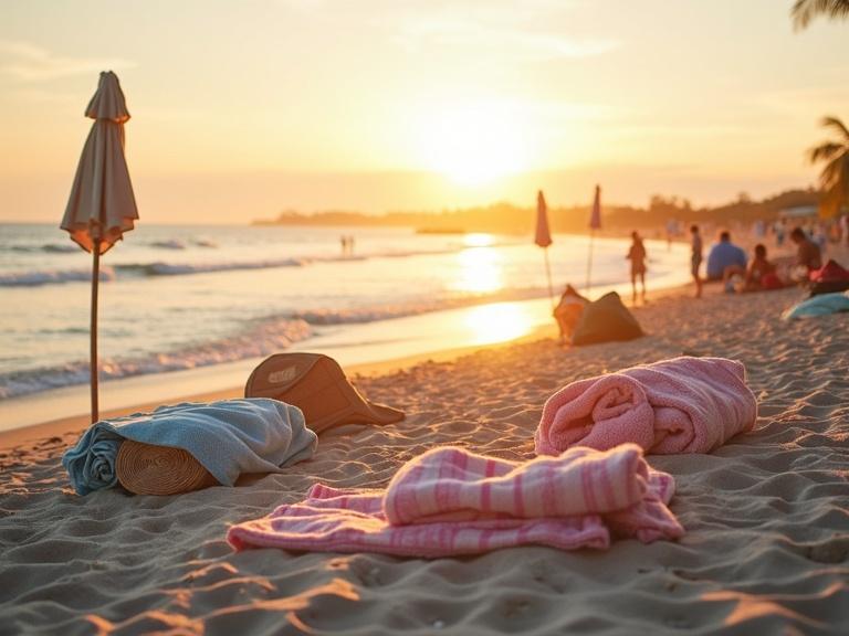 Beach setting showcasing summer elements. Beach umbrellas and towels are packed up. Sunset light casts a warm glow across the scene.