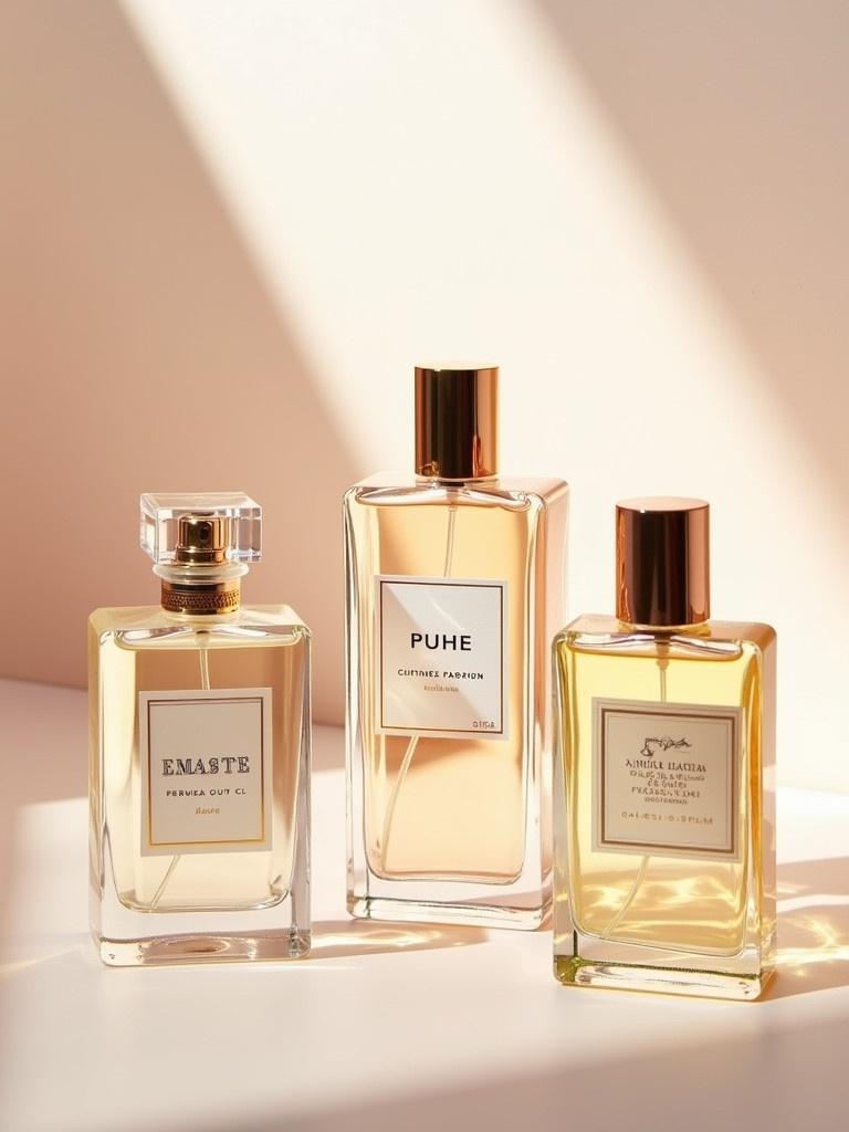 Three perfume bottles arranged elegantly. Each bottle displays a stylish label. Soft pastel color in the background. Natural light highlights the bottles.