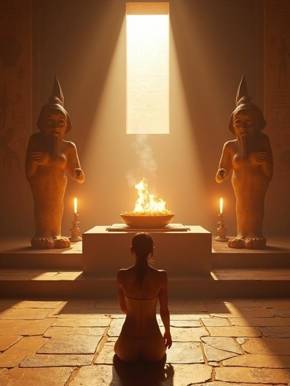 First-person view inside sacred chamber of ancient Egyptian temple. Kneeling on cool stone before raised altar. Hands place bronze bowl with incense and lotus petals. Statues of Horus and Isis flanking altar. Flickering torches illuminate space. Thick incense smoke and golden rays beam through window. Walls adorned with hieroglyphics and murals.