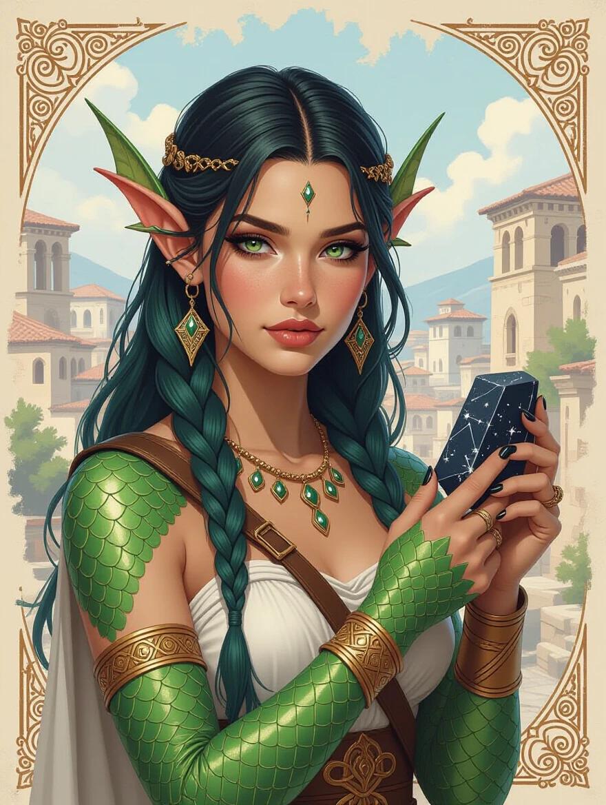 Young Triton female with sharp finned ears stands in a harsh Ancient-Grecian-Fantasy port city. She has long green-blue hair and wears Ancient-Greek-Fantasy clothing. Green-scaled arms are adorned with jewelry while she holds a black magic stone that casts constellations.