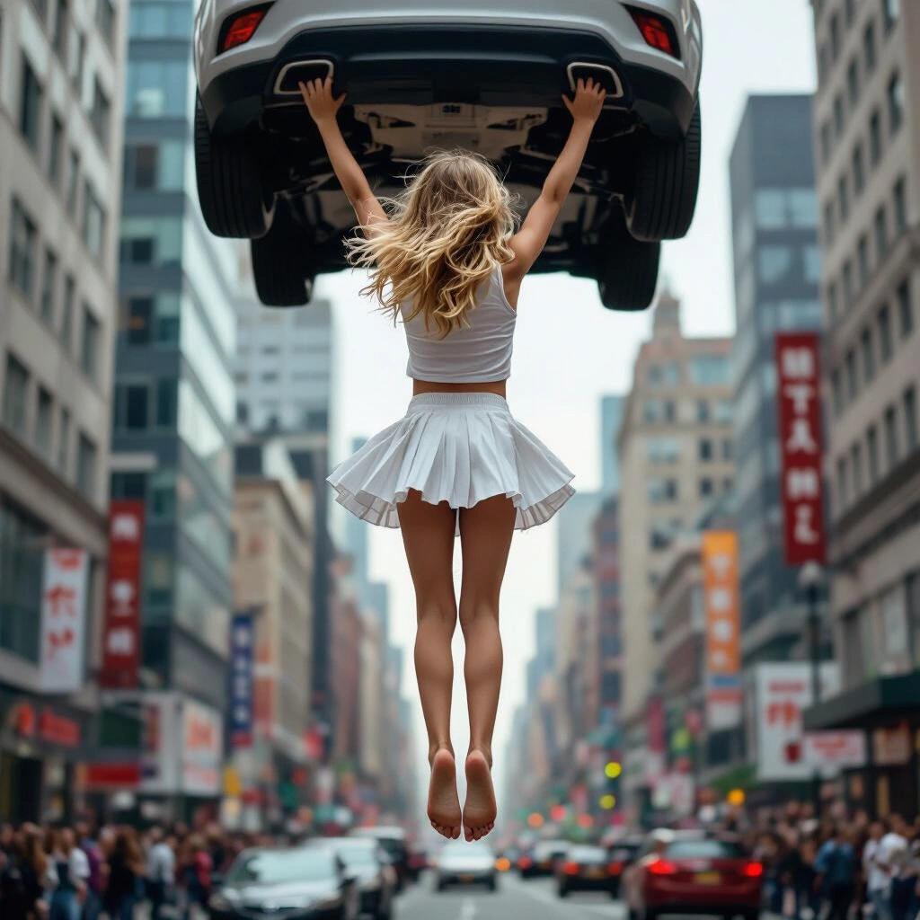 Blonde young girl viewed from behind. She is flying through a crowded city. Bare feet off the ground. Hovering midair. Wearing a white pleated miniskirt. Lifting a car with one hand. Full-body view.