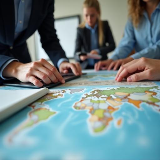 Close-up scene showing a travel agency team preparing a trip. Focus on hands and arms of three people. One types on a laptop booking flight tickets. Another holds an open map or travel itinerary. The third packs a suitcase or writes on a whiteboard. Background includes world map, wall clock, or travel brochures. Soft professional lighting with calm color tone. Blue, gray, gold dominant. No faces visible. Hands and actions symbolize professionalism and preparation.
