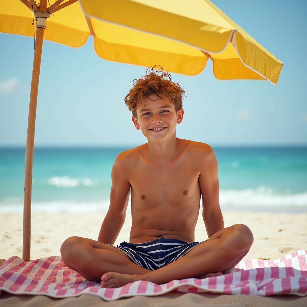 Young teen boy sits on a beach towel under an umbrella at the beach. He is smiling and relaxed. The scene has bright sunlight and a blue ocean in the background.
