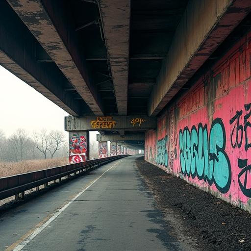 Image of an underpass featuring graffiti along a bordered road. The scene captures an urban landscape characterized by artistic expressions.