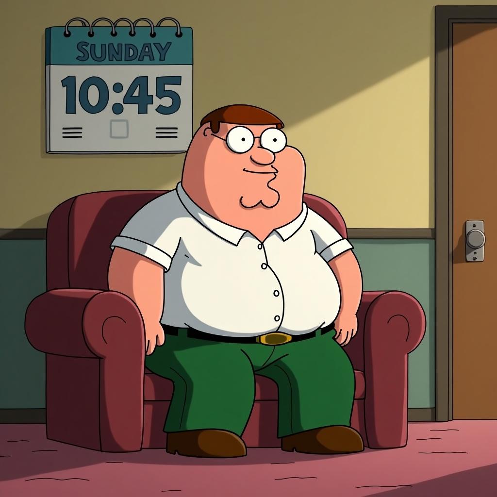 Peter Griffin sits on a couch. Calendar indicates Sunday and the time is 10:45.