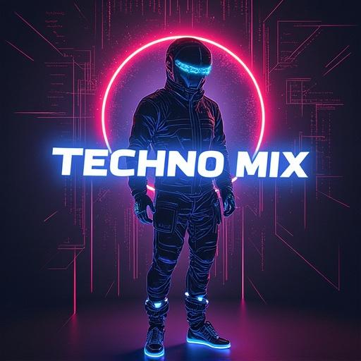 Futuristic album cover art. Image features a character in a helmet, vibrant neon colors, the text 'Techno Mix #2'.