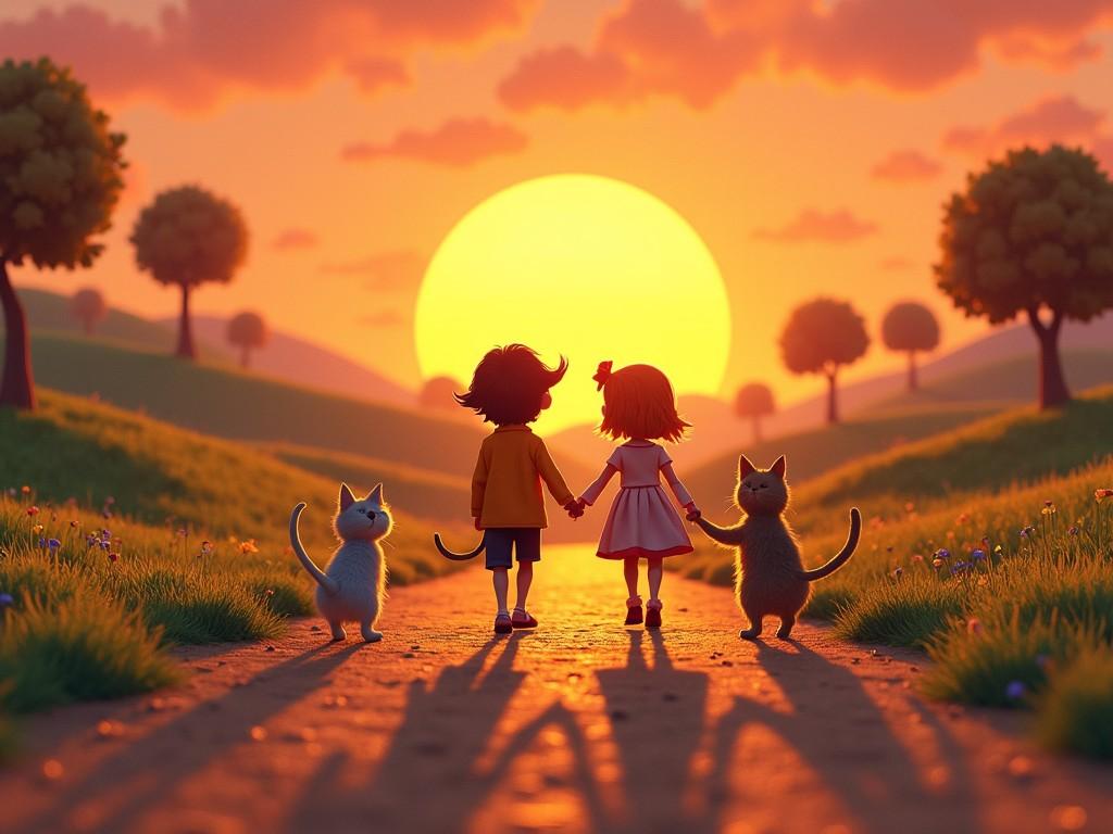 The image depicts a bright, animated scene of two children holding hands while standing on a road. They are accompanied by two cats—one white and one orange. The background features a large, vibrant sunset illuminating the landscape in warm hues. The children's faces reflect joy and innocence. The grassy hills and trees create a serene and playful atmosphere.